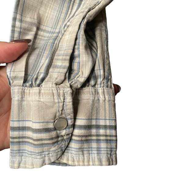 BKE Shirt Mens Pearl Snap Plaid Buckle Athletic Fit Western Tan Blue Large - Picture 6 of 10